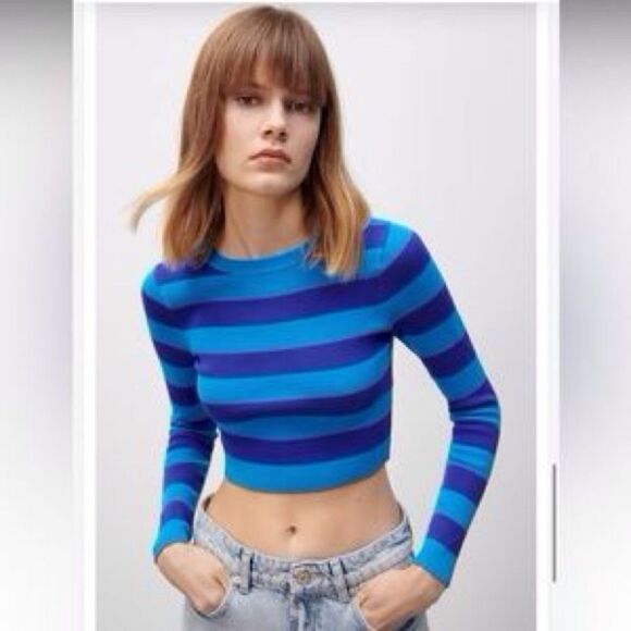 Zara Blue Long Sleeve Fitted Crop Top Size XL - Picture 1 of 5